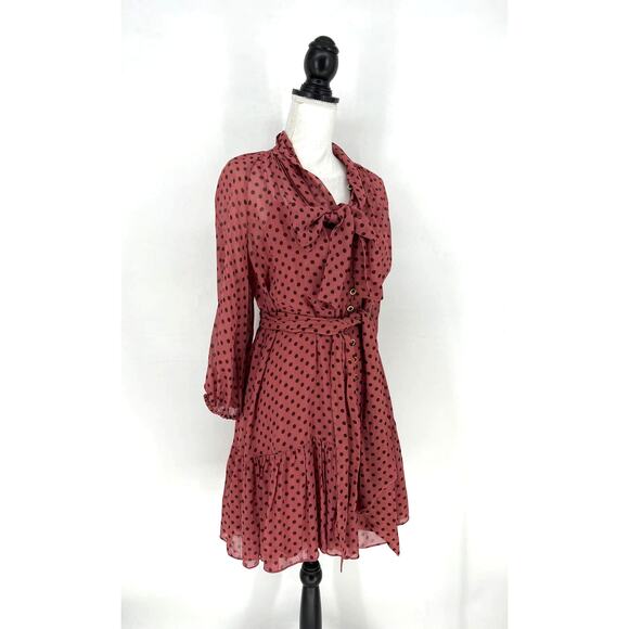 Zimmermann Polka Dot Bow Chiffon Mini Dress in Burgundy - Picture 5 of 14